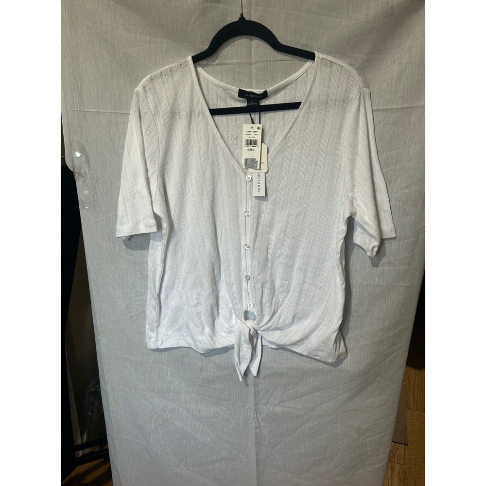 Sanctuary White Short-Sleeve Button Front Tie Crop Top
